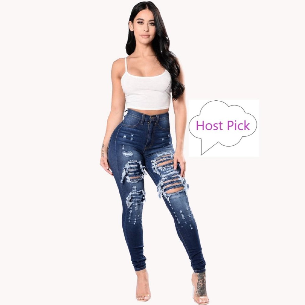 High Rise Distressed Jeans Tight Fitting Shredded Jeans